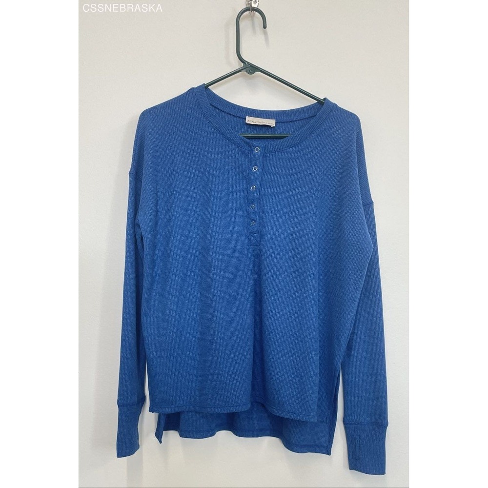 Zenana Classic Blue Waffle Thumb Hole Cuffs Long Sleeve Hi-Low Henley Tee Size S